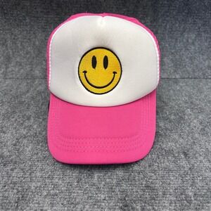Pink Smiley Face Trucker Hat Mesh Snapback Cap Retro Style White Foam Front